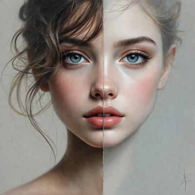 The image features a woman with two different faces, one on the left and one on the right. Both faces have blue eyes and are painted in a realistic manner. The woman's hair is styled in a ponytail, and she is wearing lipstick. The setting is a white background, which provides a clean and minimalist appearance to the painting. The visual style is a realistic portrait, showcasing the artist's skill in capturing the woman's features and expressions. The colors and mood of